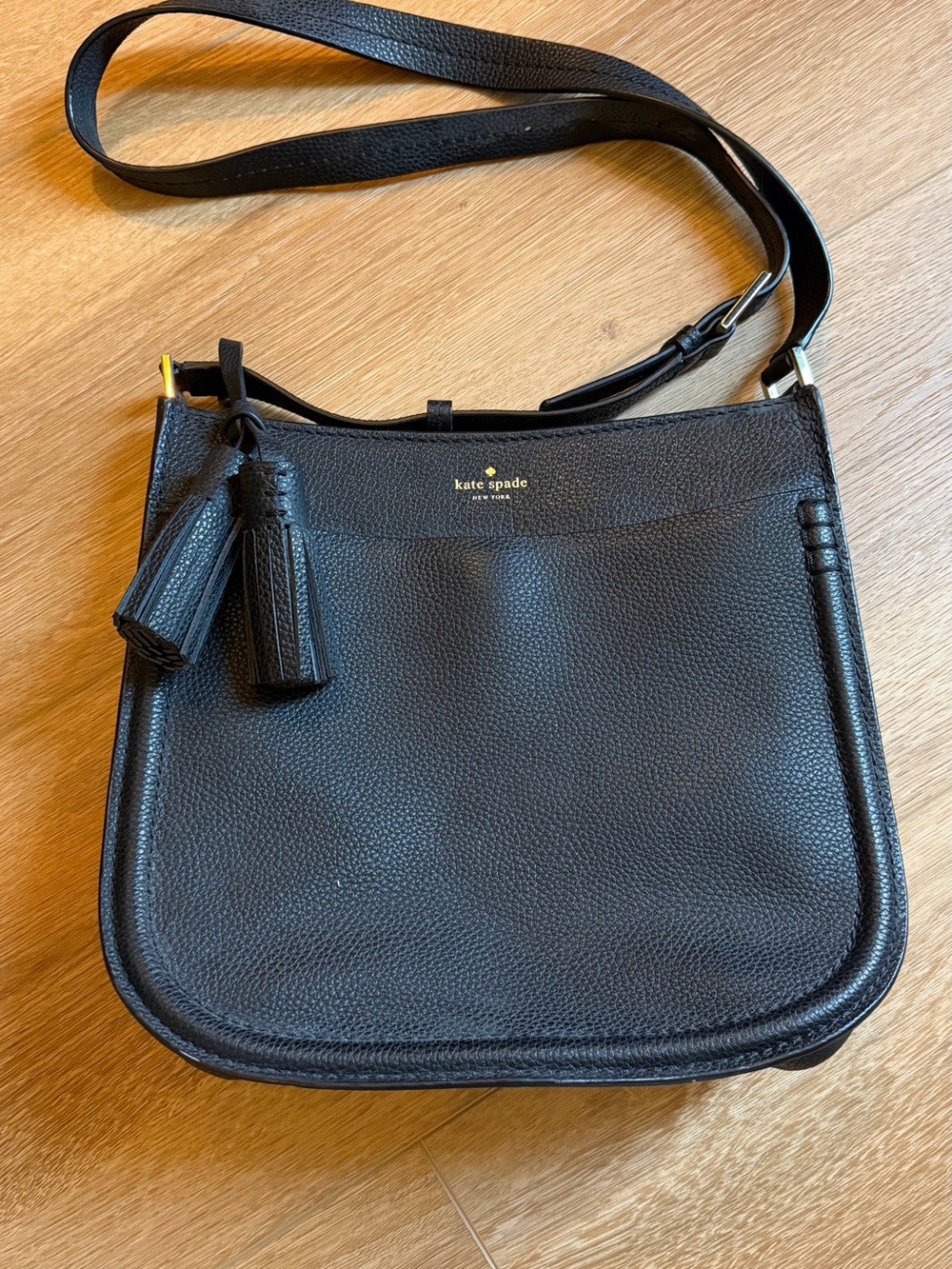kate spade Black Pebbled Leather Shoulder Bag with Tassel